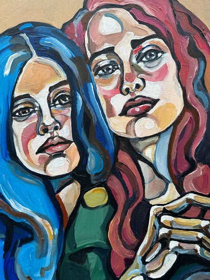 Noemi Safir contemporary figurative painting We Are Unbreakable, showing five elongated female figures in a tightly held composition that expresses endurance, unity, and shared force.