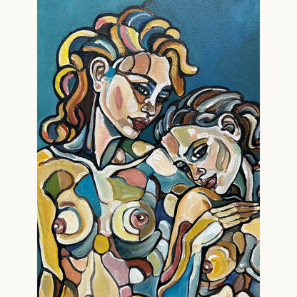 Contemporary figurative painting by Noemi Safir featuring five female figures, layered body tones, and emotional closeness in In the deep blue