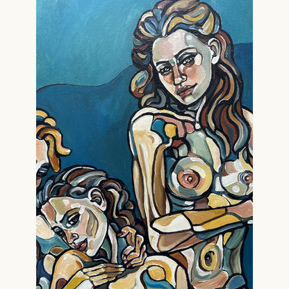 Original acrylic on canvas painting by Noemi Safir with a female group composition in deep blue, pink, cream, and ochre tones