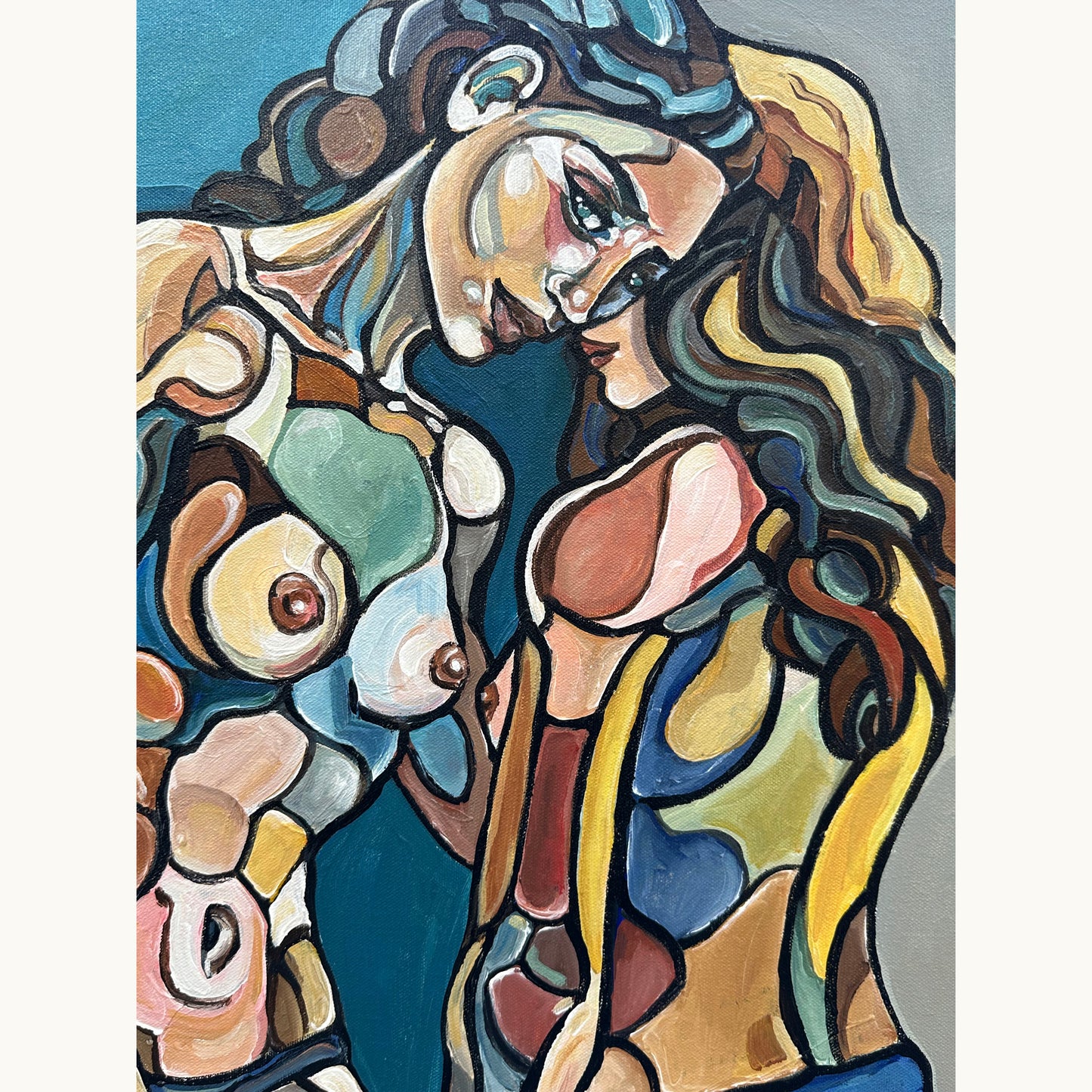Female figurative artwork by Noemi Safir showing five women standing together in a psychologically charged blue atmosphere