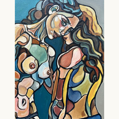 Female figurative artwork by Noemi Safir showing five women standing together in a psychologically charged blue atmosphere