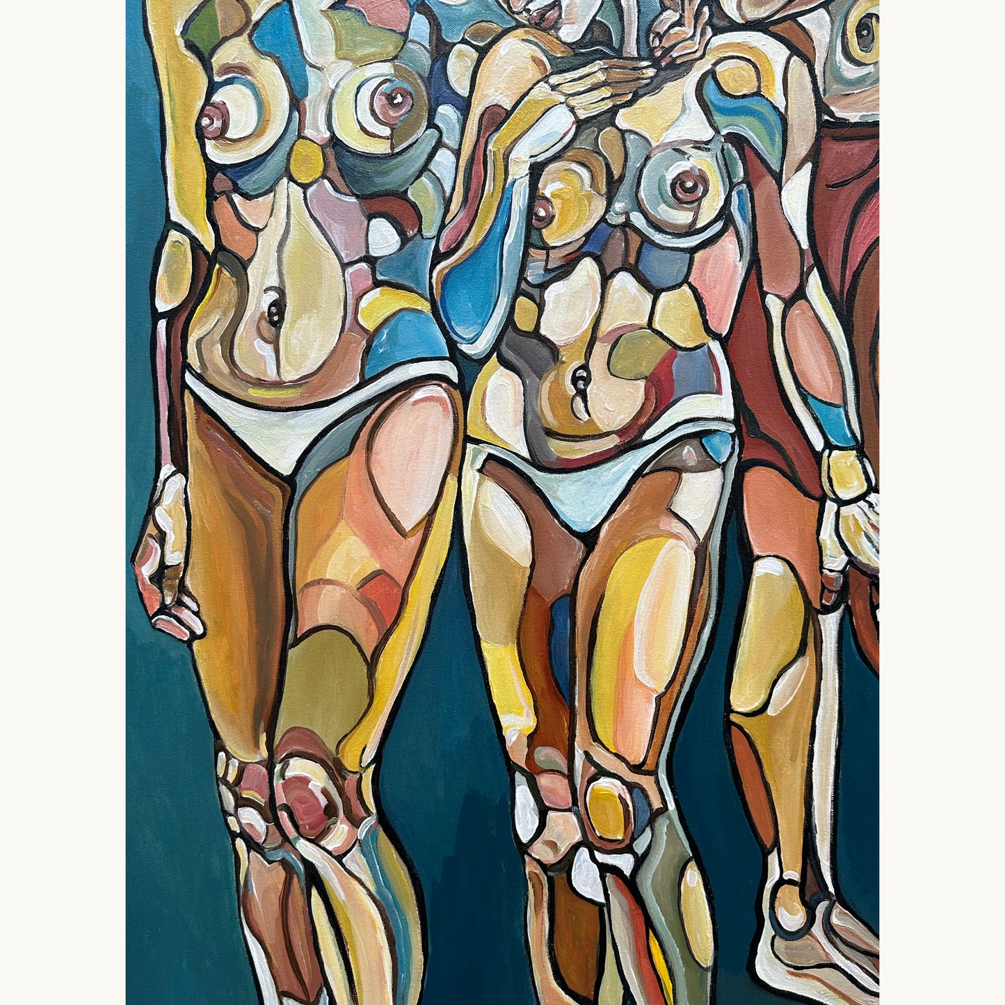 Collectible original painting by Noemi Safir with a contemporary group portrait of women, expressive anatomy, and rich blue background