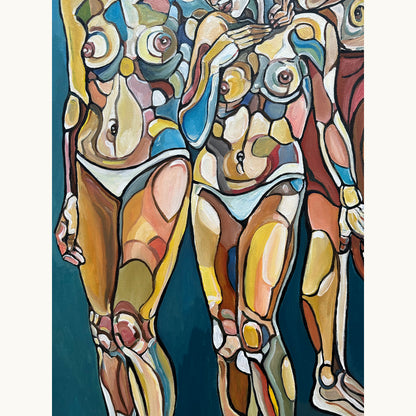 Collectible original painting by Noemi Safir with a contemporary group portrait of women, expressive anatomy, and rich blue background