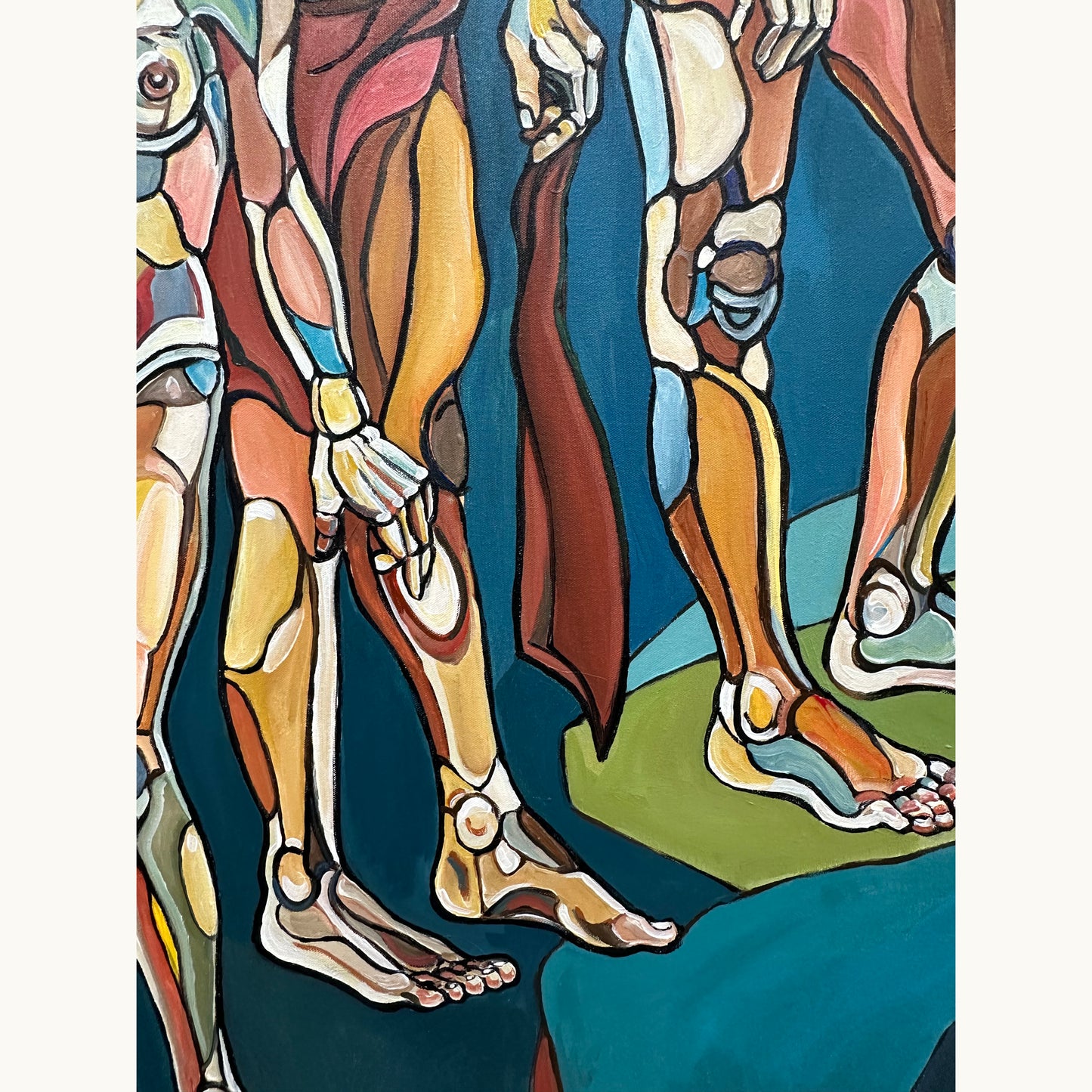 One of a kind acrylic painting by Noemi Safir featuring five female figures in an intimate arrangement with layered contemporary brushwork