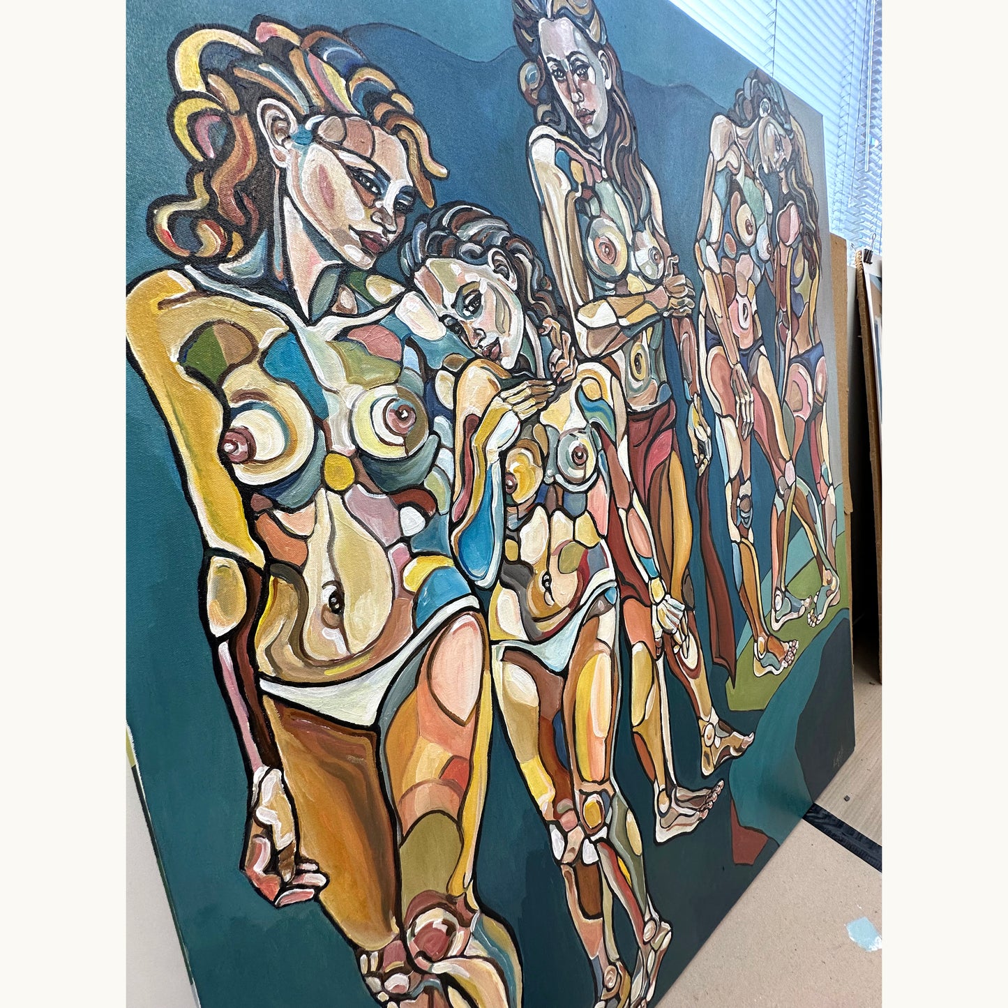 Original painting titled In the deep blue by Noemi Safir, a figurative artwork with five women and a strong blue atmospheric setting