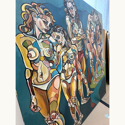 Original painting titled In the deep blue by Noemi Safir, a figurative artwork with five women and a strong blue atmospheric setting