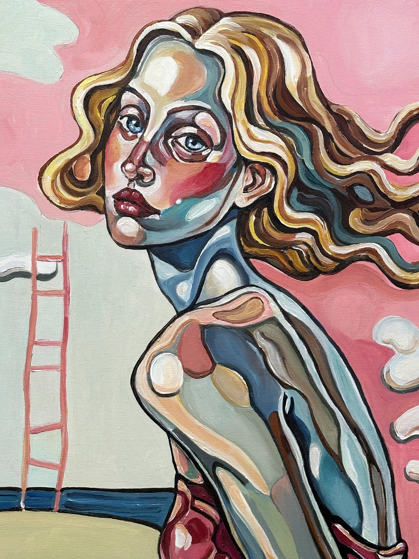 Noemi Safir contemporary figurative painting The Apple, the Ladder, and the Illusion, showing women, an apple, a ladder, a cactus, and dreamlike symbolic elements about desire and projection.