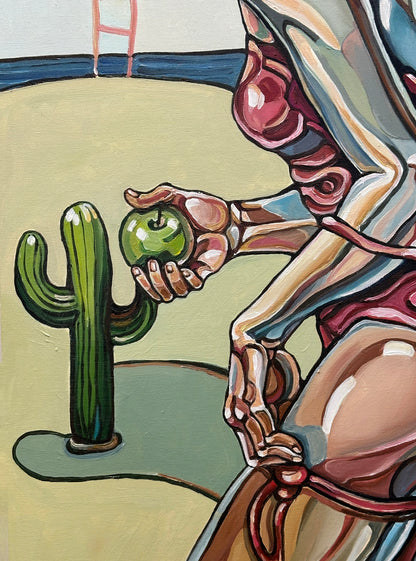 The Apple, the Ladder, and the Illusion original artwork by Noemi Safir, a highly collectible painting about feminine duality, temptation, inner negotiation, and emotional storytelling.