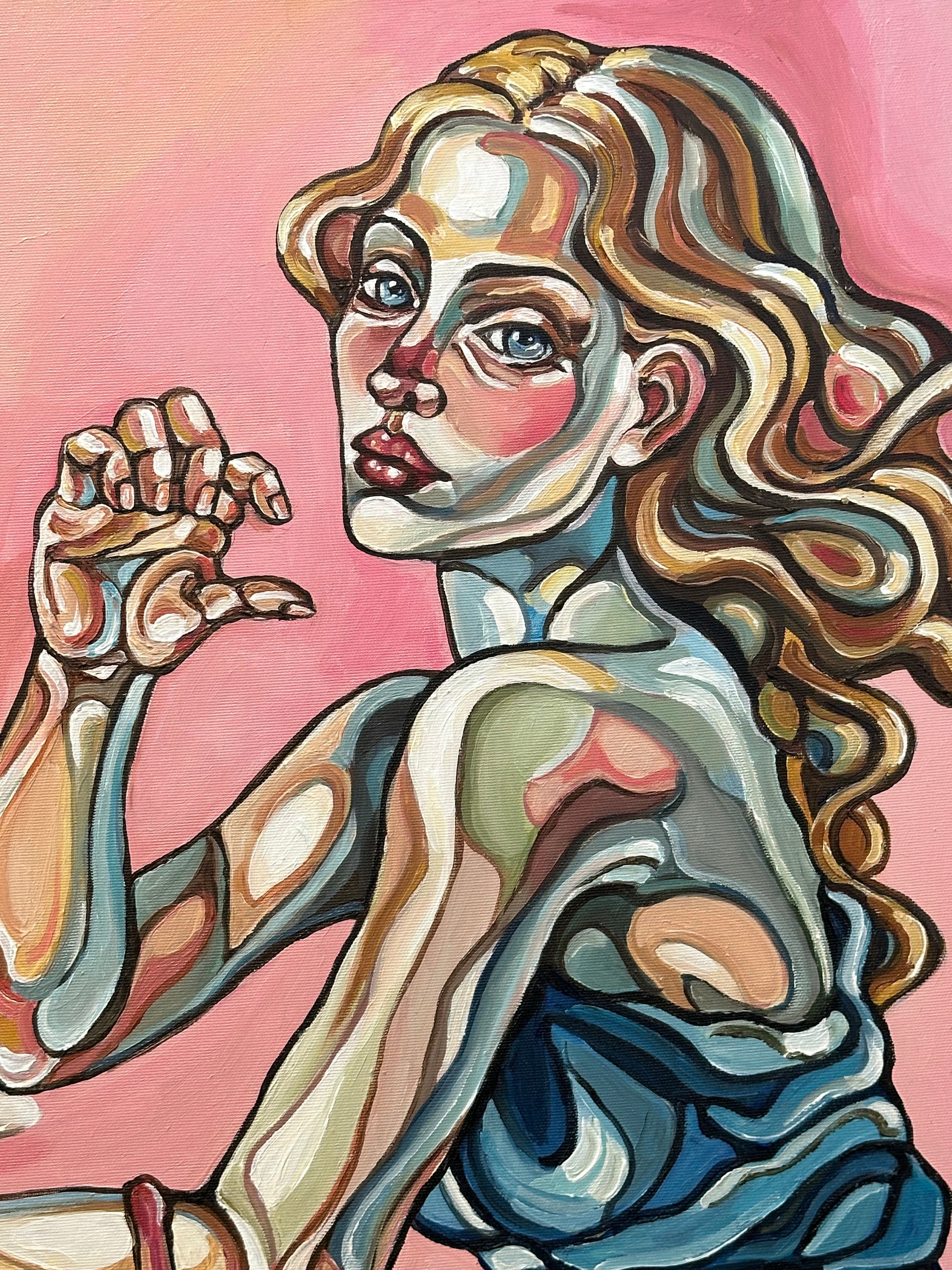 Contemporary figurative art by Israeli artist Noemi Safir titled The Apple, the Ladder, and the Illusion, created for collectors drawn to women in art, symbolic painting, and beauty with meaning.