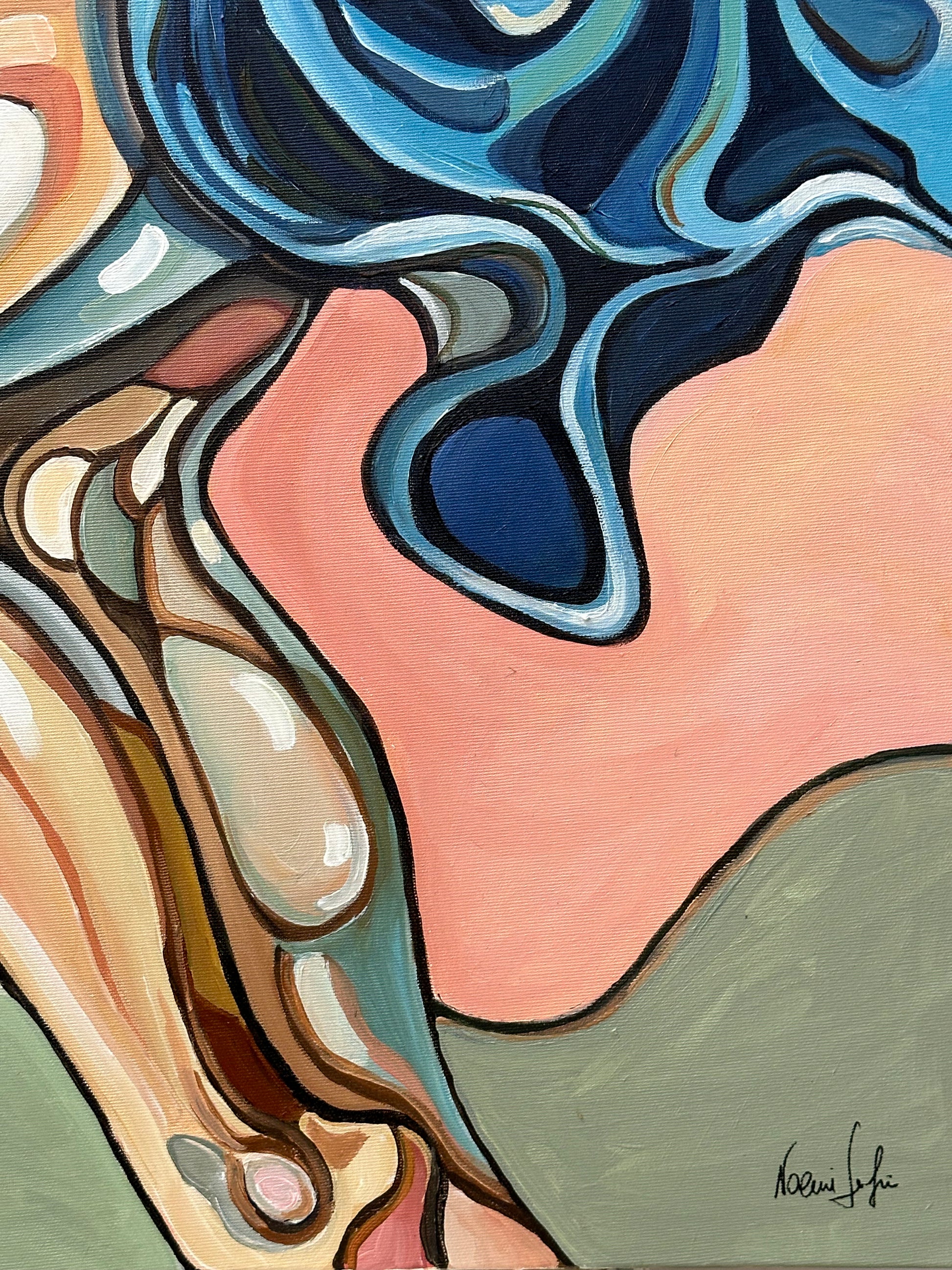 Highly collectible original painting The Apple, the Ladder, and the Illusion by Noemi Safir, exploring women, symbolic storytelling, emotional figurative art, and contemporary surreal painting.