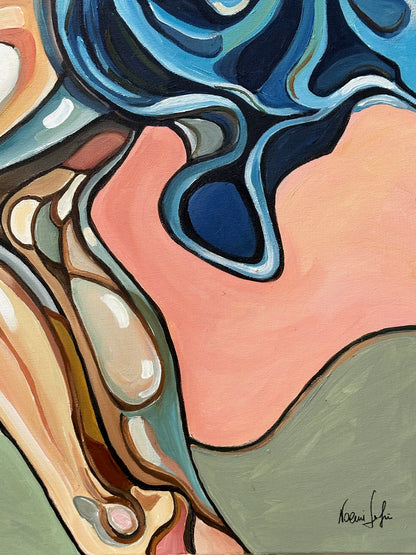 Highly collectible original painting The Apple, the Ladder, and the Illusion by Noemi Safir, exploring women, symbolic storytelling, emotional figurative art, and contemporary surreal painting.
