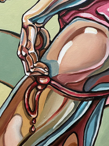 Noemi Safir women painting The Apple, the Ladder, and the Illusion, exploring the fragile distance between what is seen, what is believed, and what a woman longs to reach.