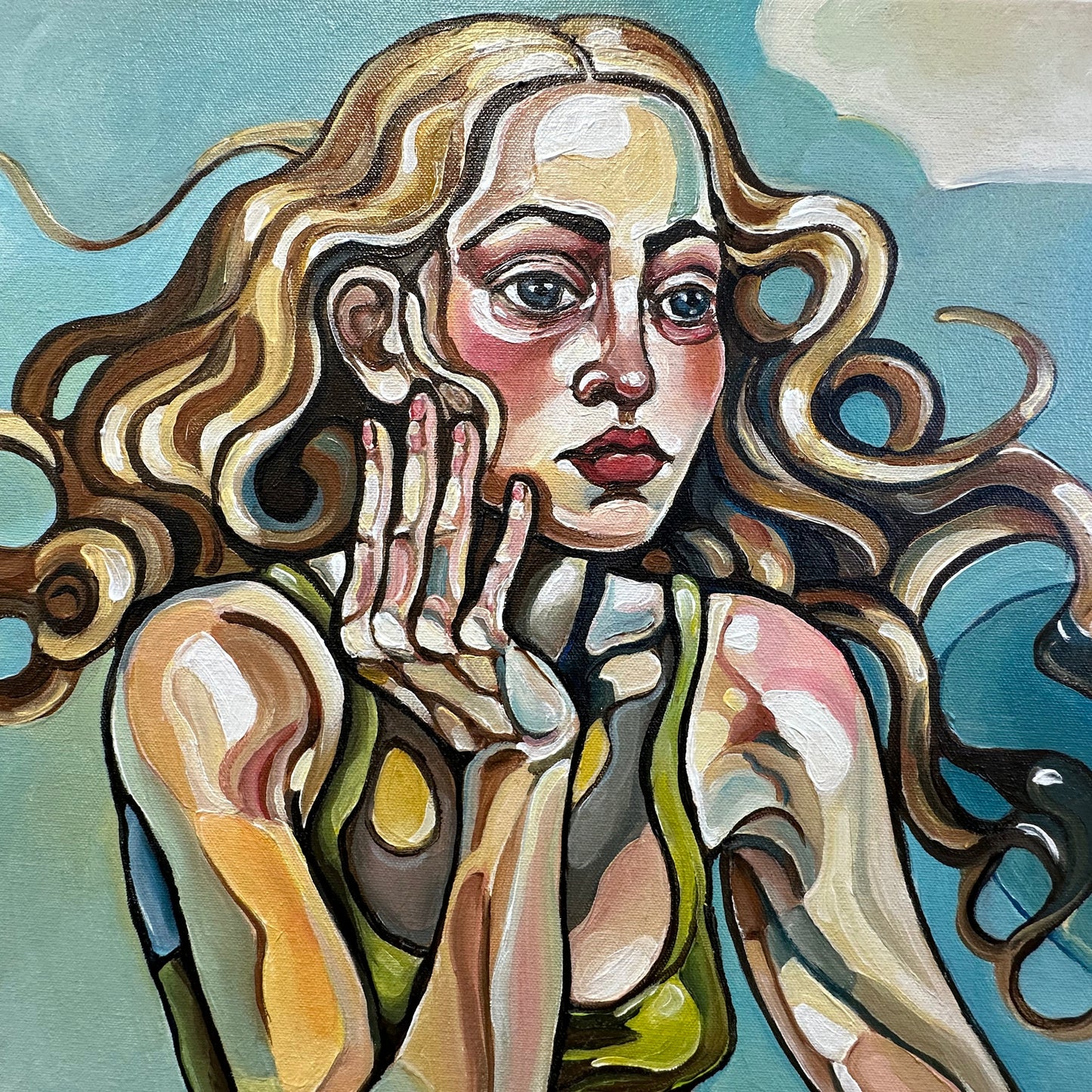 Contemporary figurative painting by Noemi Safir featuring a female figure, coiled snake, floating bubbles, and symbolic dreamlike landscape