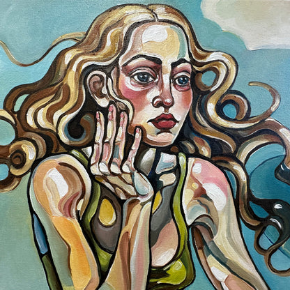 Contemporary figurative painting by Noemi Safir featuring a female figure, coiled snake, floating bubbles, and symbolic dreamlike landscape