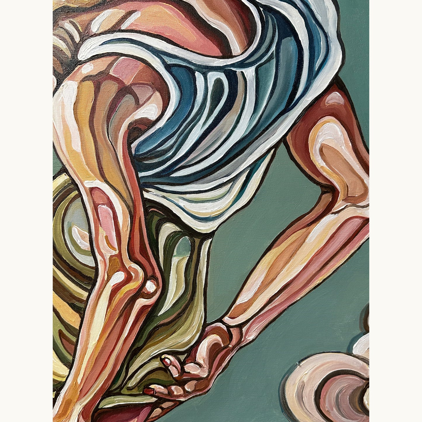 Female figurative artwork by Noemi Safir showing a vulnerable standing figure with inward posture and symbolic cloud forms