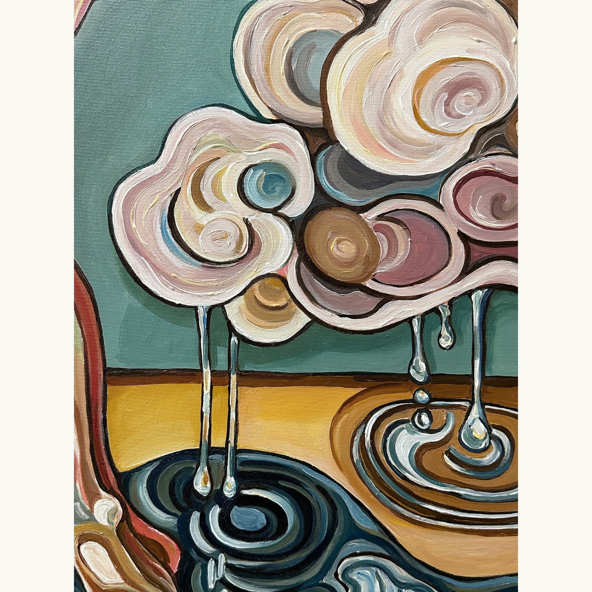 Collectible original painting by Noemi Safir with a solitary female body, muted green ground, and expressive emotional tension