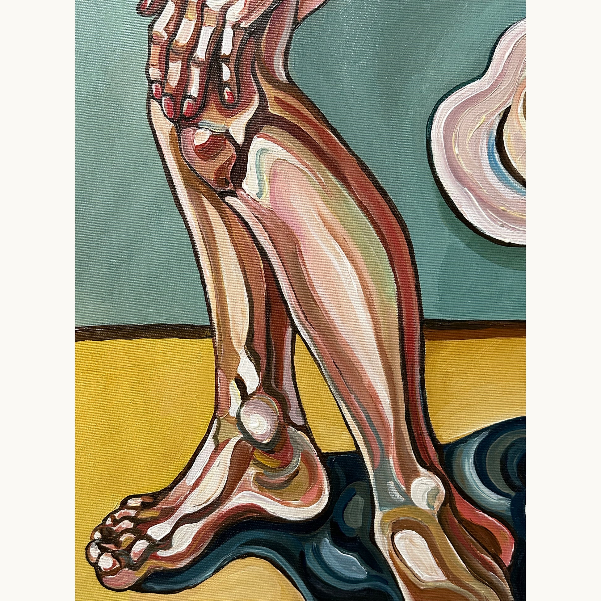 Contemporary fine art painting by Noemi Safir showing a female figure in a strained pose with pink, cream, and green tones