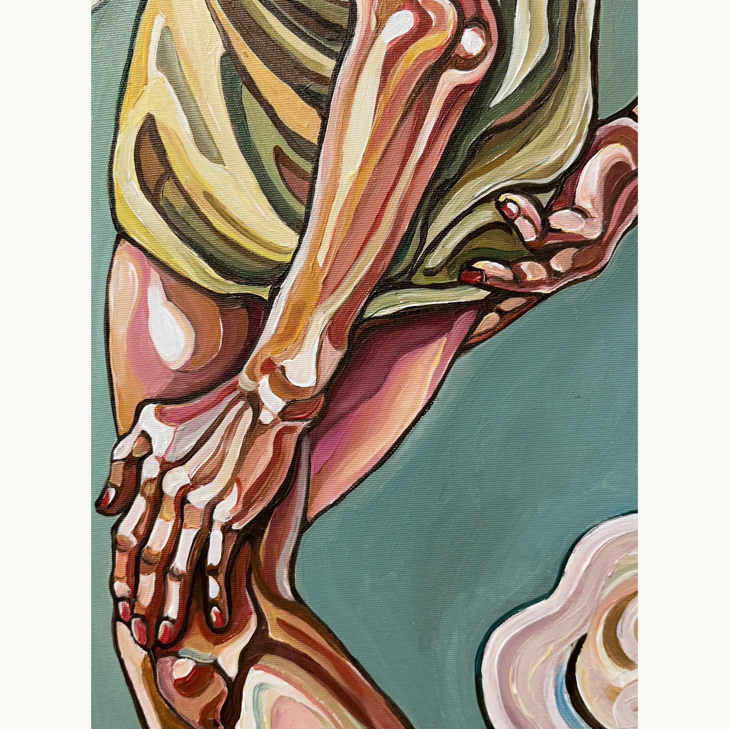 Original acrylic on canvas painting by Noemi Safir with a bent woman, pale circular forms, and a psychologically charged contemporary composition