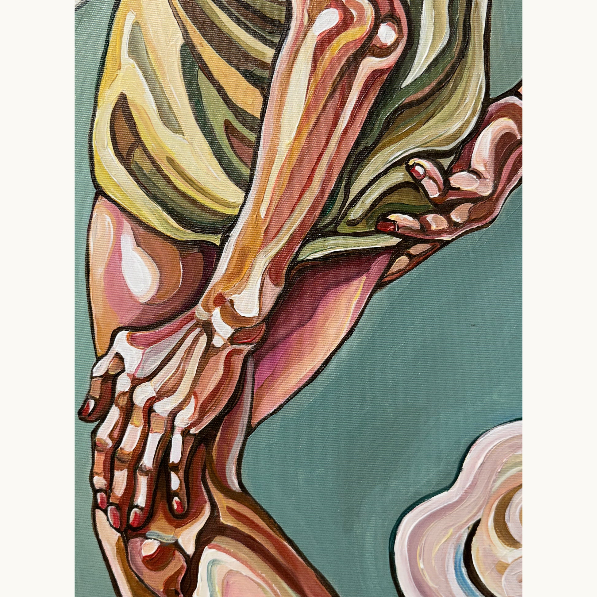 Original acrylic on canvas painting by Noemi Safir with a bent woman, pale circular forms, and a psychologically charged contemporary composition
