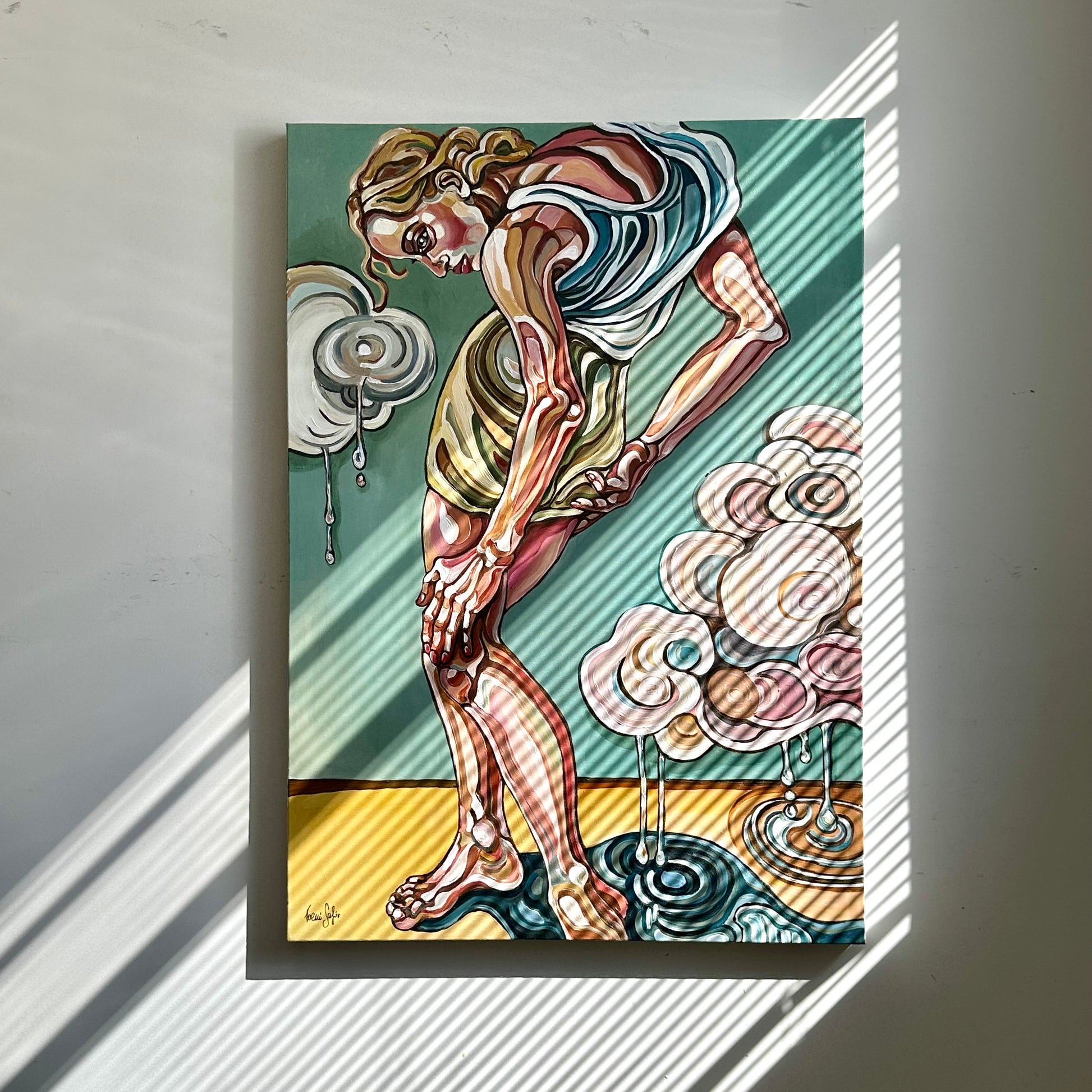 Original contemporary painting by Noemi Safir showing a solitary woman carrying emotional weight in a symbolic green setting
