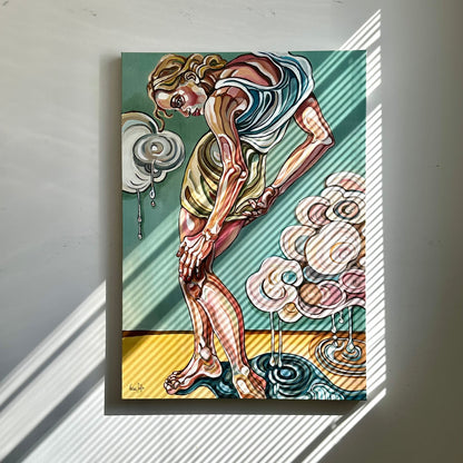 Original contemporary painting by Noemi Safir showing a solitary woman carrying emotional weight in a symbolic green setting