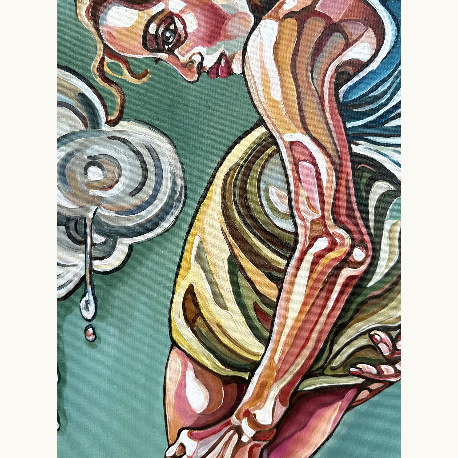 One of a kind acrylic painting by Noemi Safir featuring a woman bent over in a symbolic landscape with soft circular forms and drips