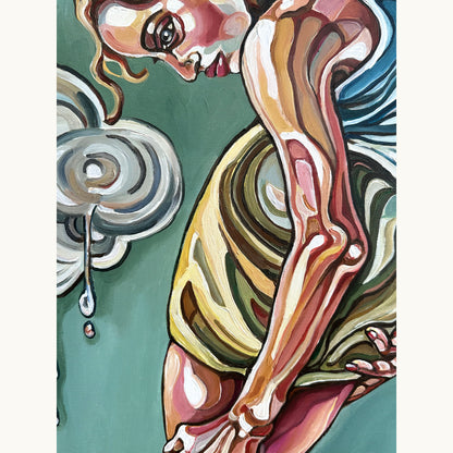 One of a kind acrylic painting by Noemi Safir featuring a woman bent over in a symbolic landscape with soft circular forms and drips