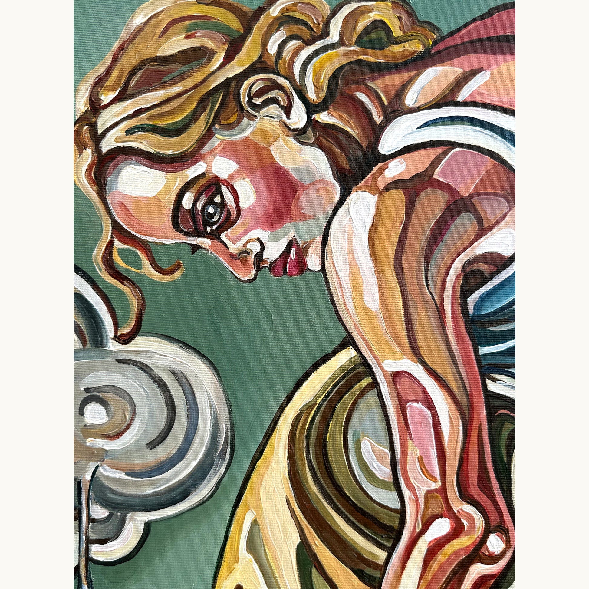 Contemporary figurative painting by Noemi Safir featuring a female figure in a compressed posture with cloud like forms and dripping elements