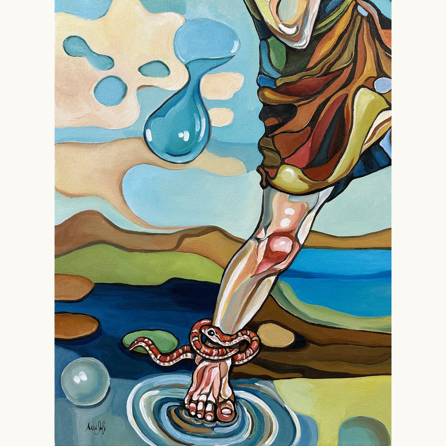 Female figurative artwork by Noemi Safir showing a symbolic landscape with a standing woman, apple, snake, and reflective water