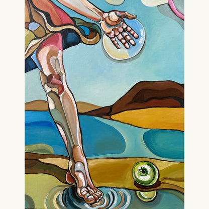 Original acrylic on canvas painting by Noemi Safir with a woman in motion, pale blue clouds, rocky terrain, and surreal natural elements