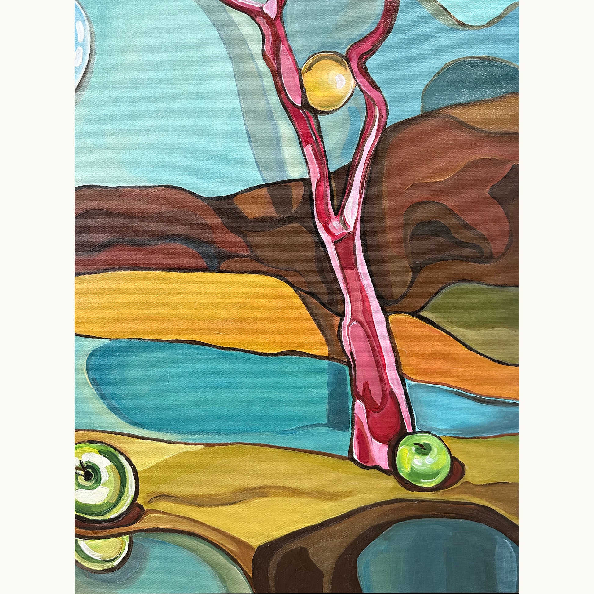 Contemporary fine art painting by Noemi Safir showing a female figure in a surreal Eden inspired landscape with clouds, water, and symbolic forms