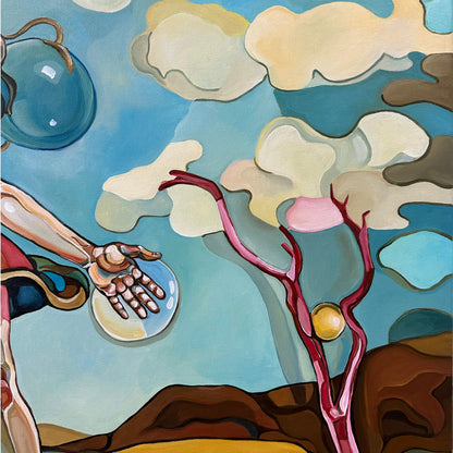 Fine art original by Noemi Safir with a standing female figure, reflective ground, branching pink form, and expressive contemporary brushwork