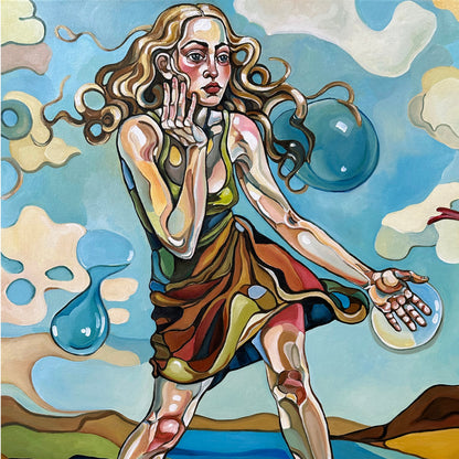 Collectible original painting by Noemi Safir with a solitary female figure, mythic atmosphere, blue cloud formations, and expressive acrylic linework