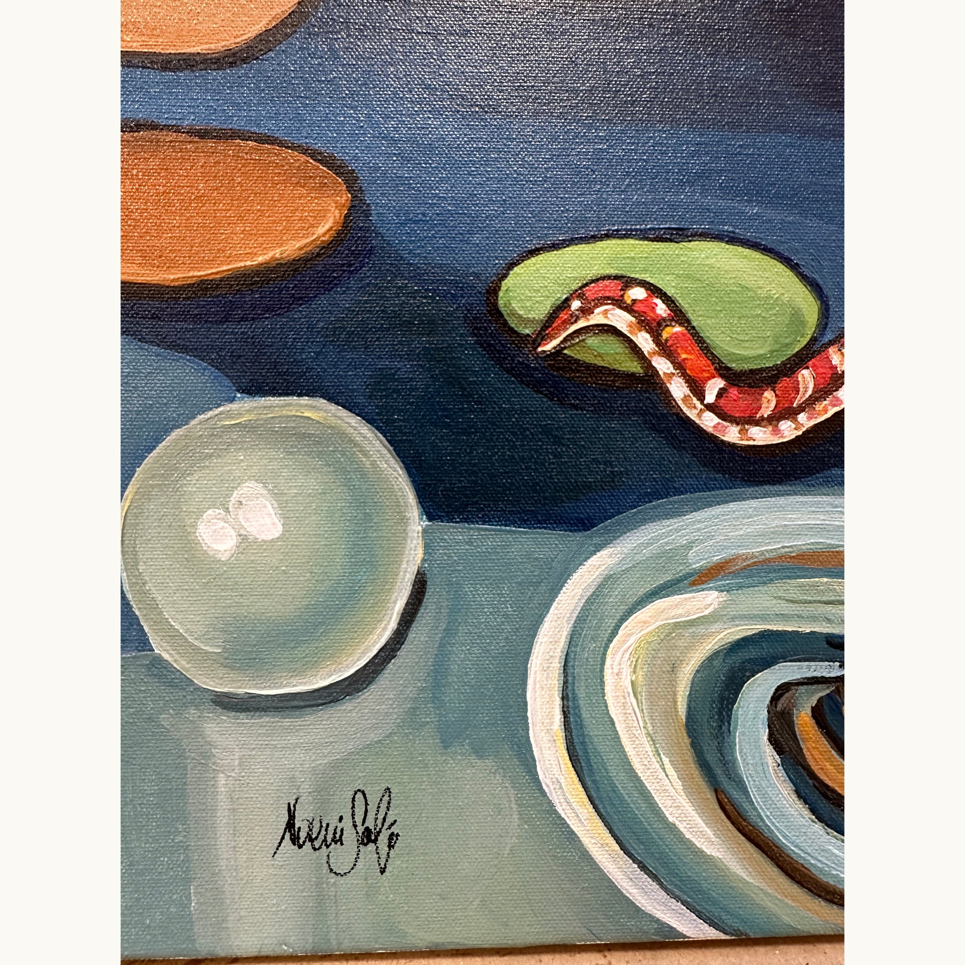 Original painting titled After Eden by Noemi Safir, a symbolic figurative artwork with a woman, apple, snake, and pale blue sky