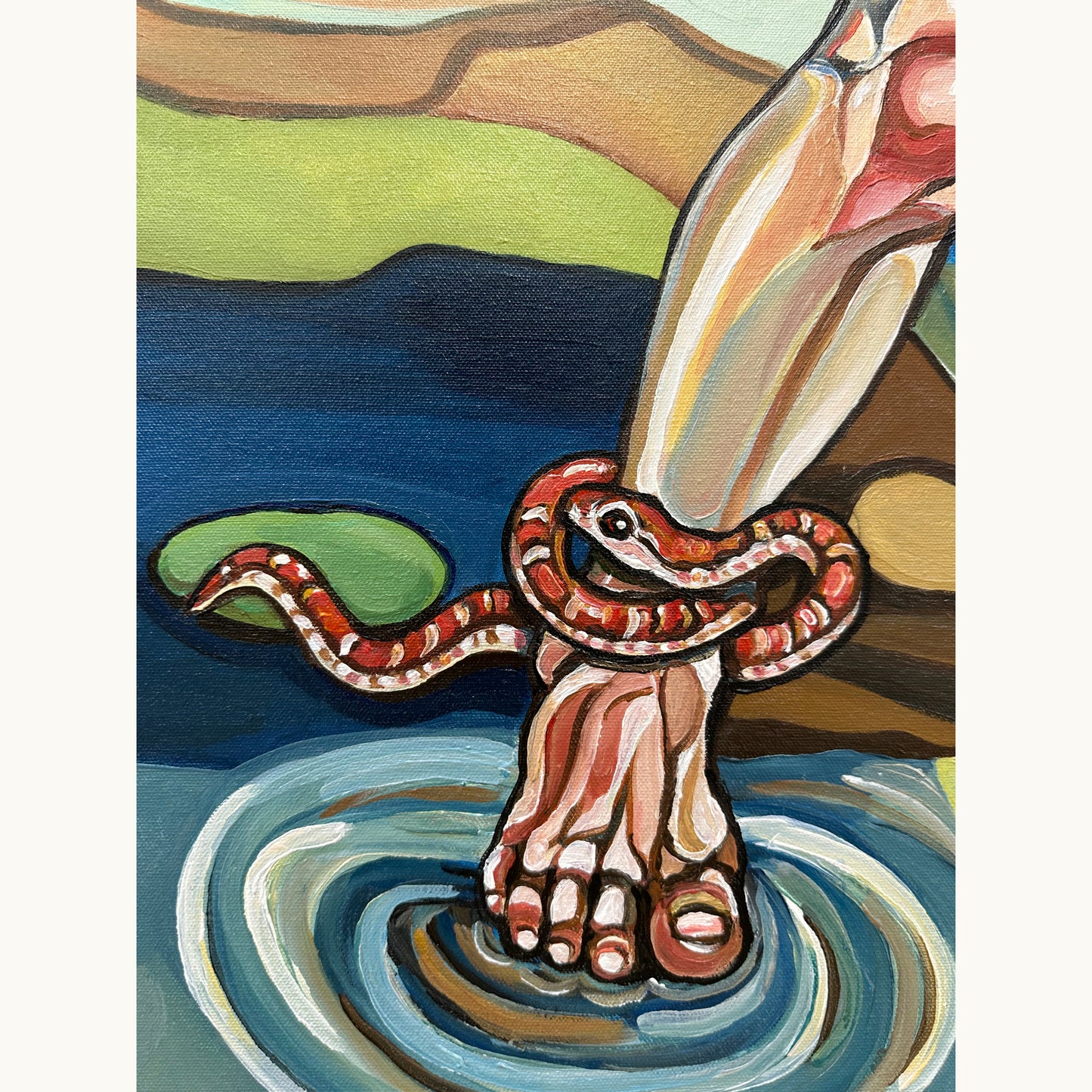 One of a kind acrylic painting by Noemi Safir featuring a woman stepping through water with a snake around her ankle and apple motif