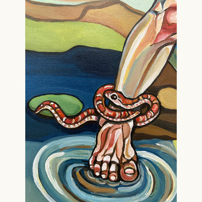 One of a kind acrylic painting by Noemi Safir featuring a woman stepping through water with a snake around her ankle and apple motif