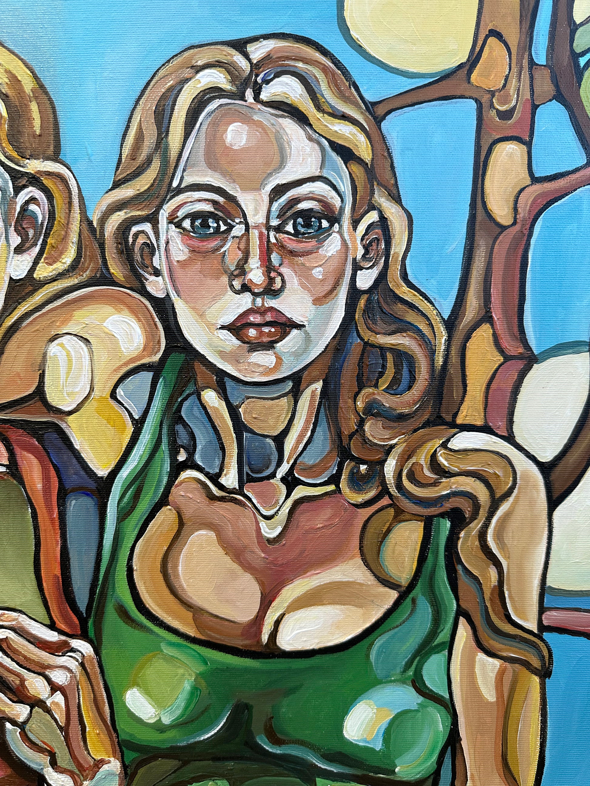 Until Dawn Breaks by Noemi Safir, original painting from Wild Girls Don’t Apologize, featuring two women standing together in a powerful vertical composition of closeness and endurance.