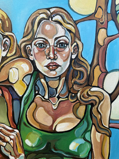 Until Dawn Breaks by Noemi Safir, original painting from Wild Girls Don’t Apologize, featuring two women standing together in a powerful vertical composition of closeness and endurance.