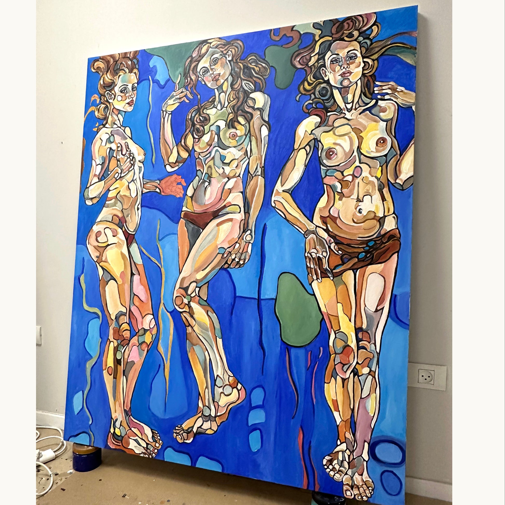Contemporary figurative painting by Noemi Safir featuring three female figures, cloud forms, and a floating dreamlike composition