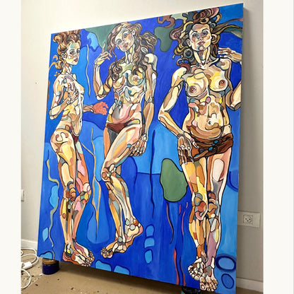 Contemporary figurative painting by Noemi Safir featuring three female figures, cloud forms, and a floating dreamlike composition