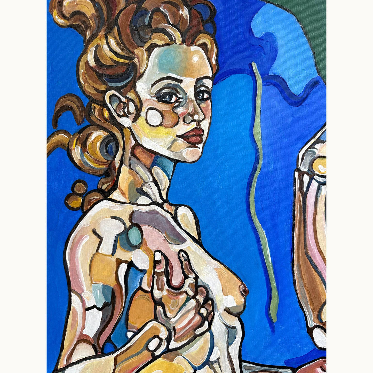 Original acrylic on canvas painting by Noemi Safir with a female trio in a surreal blue landscape of sky, water, and imagination