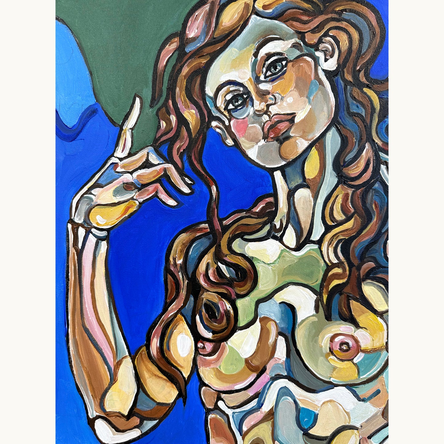 Female figurative artwork by Noemi Safir showing three floating women in a poetic blue environment with symbolic cloud forms