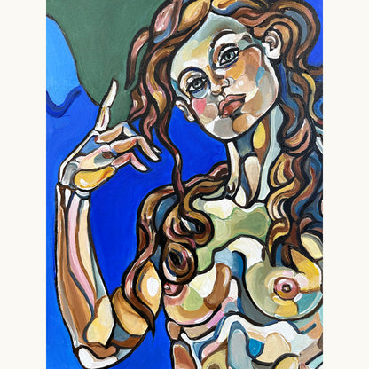 Female figurative artwork by Noemi Safir showing three floating women in a poetic blue environment with symbolic cloud forms
