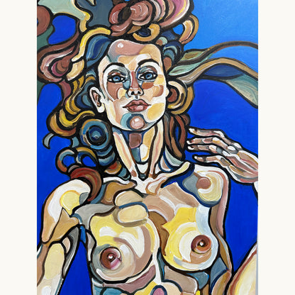 Collectible original painting by Noemi Safir with three female figures, luminous blue tones, and a suspended contemporary composition