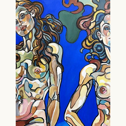 One of a kind acrylic painting by Noemi Safir featuring a symbolic female group portrait in a dreamlike blue atmospheric setting