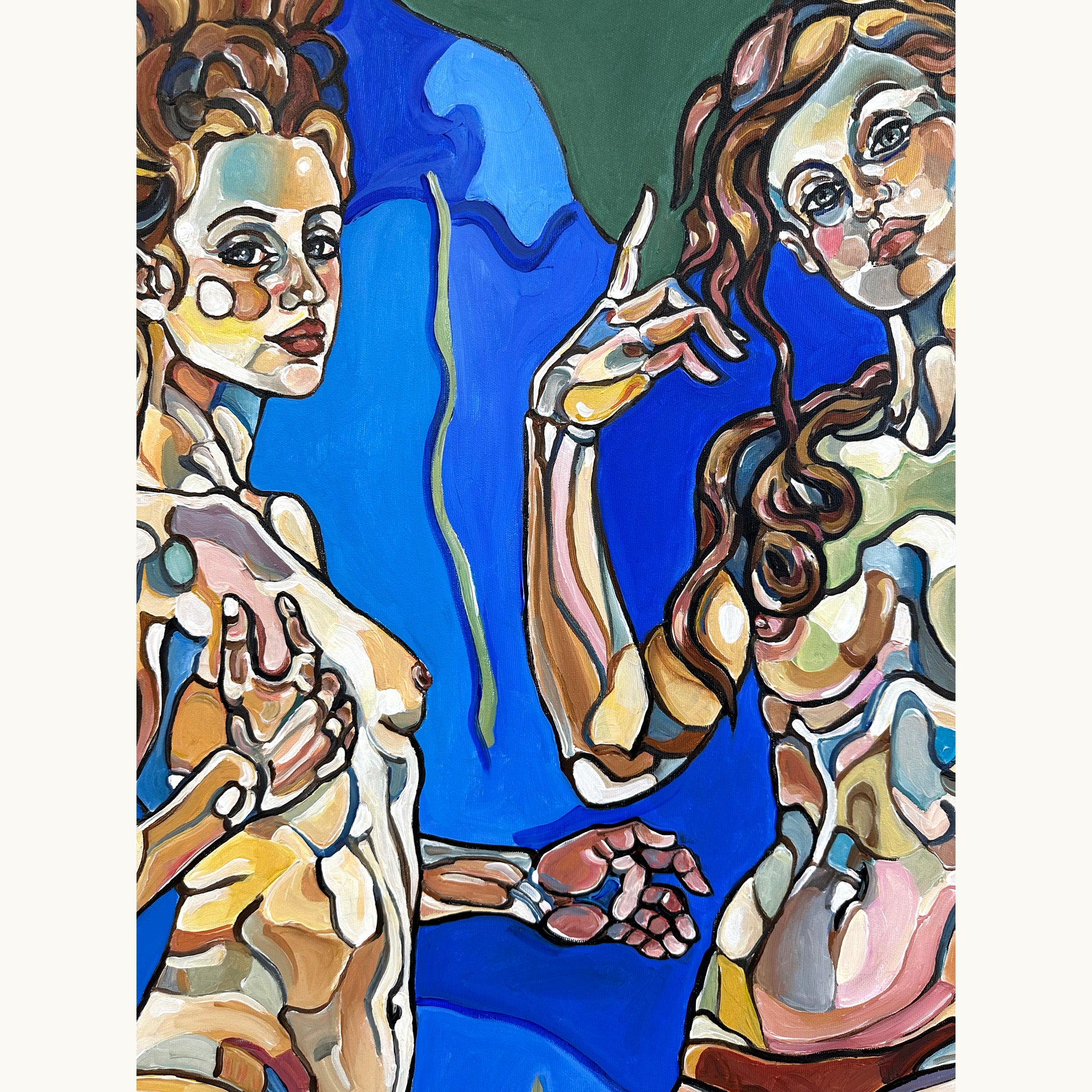 Contemporary fine art painting by Noemi Safir showing three women in a weightless composition with sky and water inspired forms