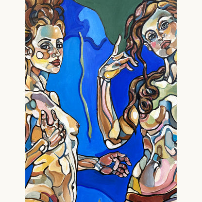 Contemporary fine art painting by Noemi Safir showing three women in a weightless composition with sky and water inspired forms