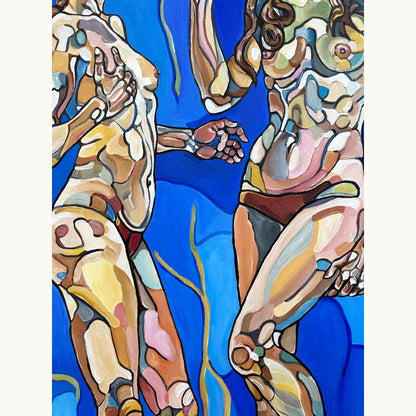 Original painting titled Sea of dreams by Noemi Safir, a large figurative artwork with three women and an expansive blue dreamscape