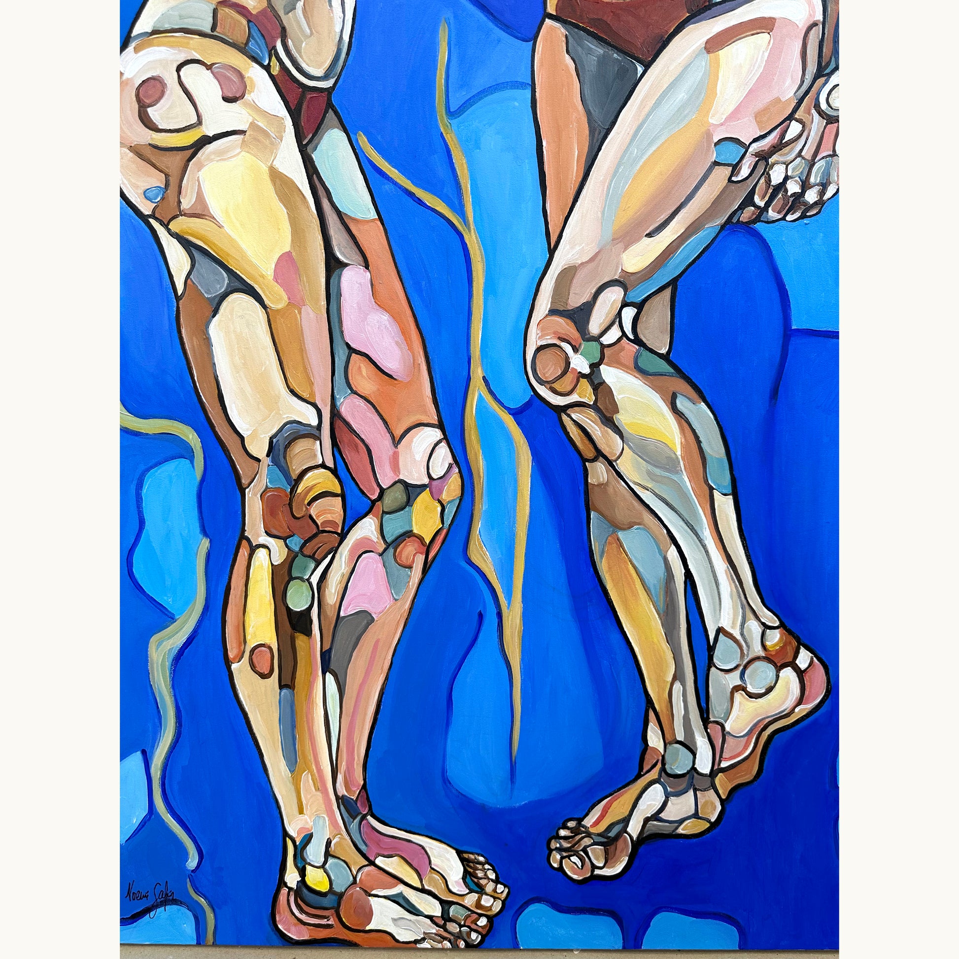 Fine art original by Noemi Safir with three female figures, floating arrangement, rich blue palette, and expressive acrylic brushwork