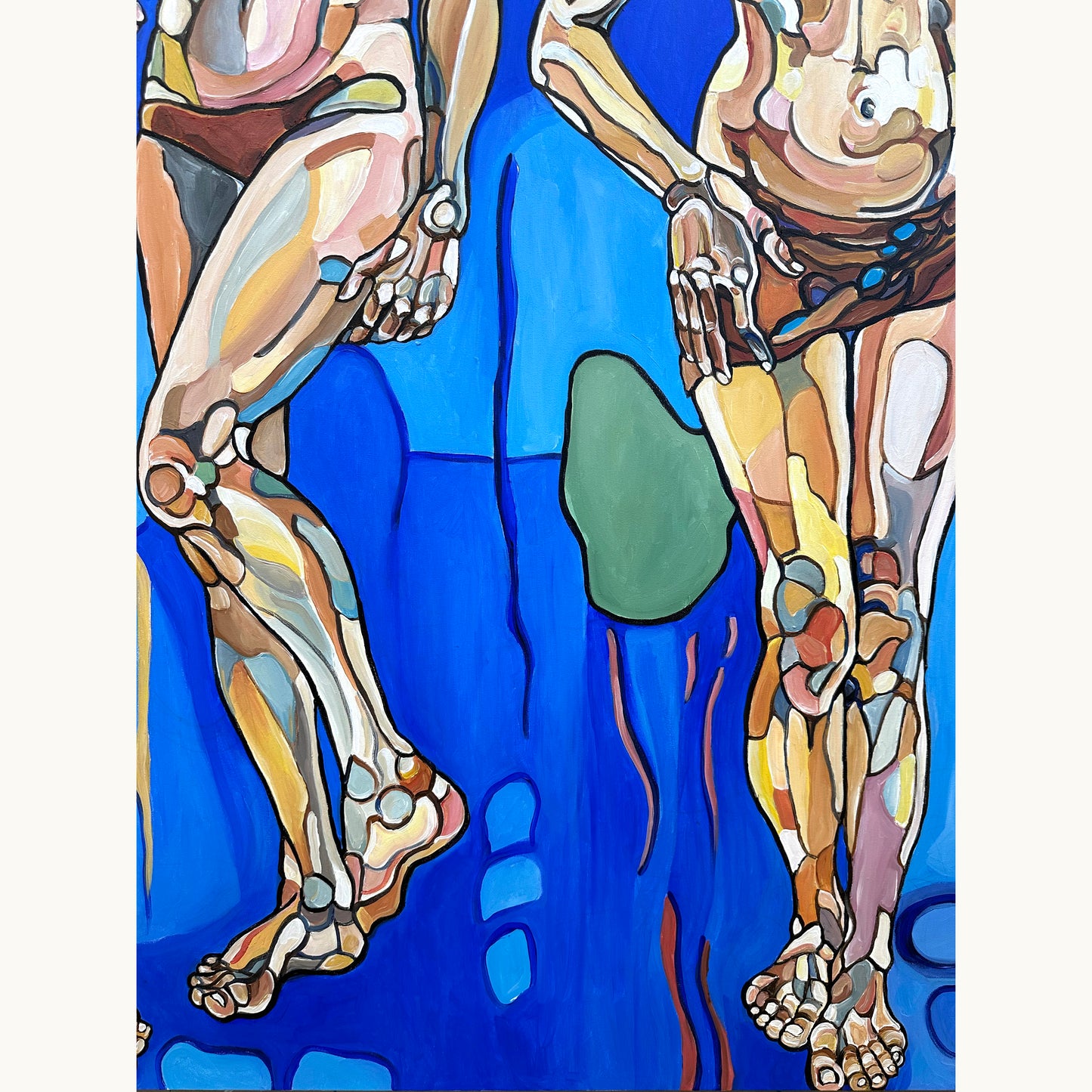 Original contemporary painting by Noemi Safir showing a trio of women in an emotional blue space of freedom, uplift, and connection